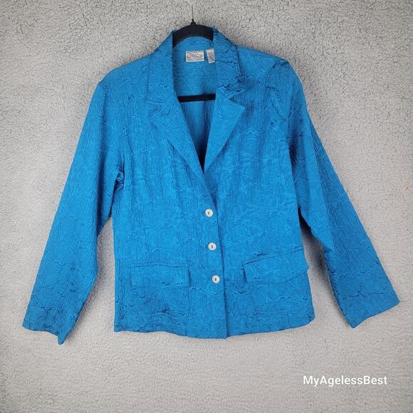 Chicos Blue Textured Crinkle Blazer Jacket Size 1 Medium Statement Career - Picture 15 of 15